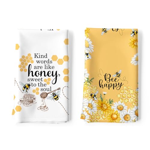 Honey Bee Tea Towels, 100% Cotton Kitchen Towels, Set of 2 | 18.9 x 27.5 in / 48 x 70 cm, Lightweight Woven Dish Cloth with Honey Bee Print for Summer Kitchen Decor, Hostess Gift - color: Bee