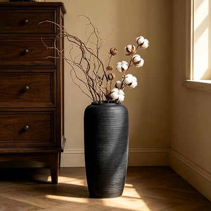 Black Rustic Ceramic Floor Vase, 15.7 Inch, Ribbed Texture | Living Room, Entryway, Fireplace, Pampas Grass, Dried Branches - size: 15.7 Inch