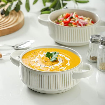 Soup Bowls with Handles, 23 oz French Onion Soup Crocks, Stackable Soup Bowl Oven Safe for Chili, Beef Stew, Embossment Ceramic Bowl Set - 5.4 Inch, Set of 4,Blue - color: White