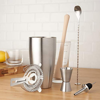 True 7-Piece Barware Set for Mixed Drinks and Cold Brew Cocktails, Includes Boston Cocktail Shaker Tin, Mixing Glass, Jigger, Muddler, Strainer, Bar Spoon, Pour Spout for Home Bar, Bartender Gifts - size: 7 Piece