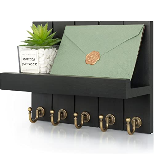 Rebee Vision Key Holder for Wall Set : 10'' Key Rack with 5 Metal Hooks and 13'' Mail Organizer Basket with 6 Key Hooks, Wooden Key Hanger with Mounting Hardware for Bags, Coats, Letters - Black