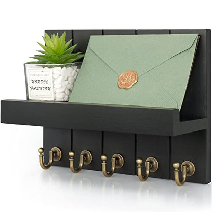 Rebee Vision Key Holder for Wall Set : 10'' Key Rack with 5 Metal Hooks and 13'' Mail Organizer Basket with 6 Key Hooks, Wooden Key Hanger with Mounting Hardware for Bags, Coats, Letters - Black