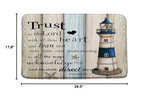 Nautical Lighthouse Bath Mat Inspirational Quotes Rustic Wooden Board Beach Ocean Navy Blue Memory Foam Bathroom Kitchen Bedroom Livingroom Soft Floor Rug, 17.8"x29.5"