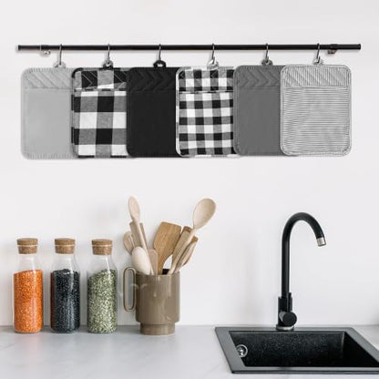 R HORSE 6 Pack Black Gray Check Pot Holders with Pocket, 7''x 9'' | Cotton Plaid Kitchen Potholders, Heat Resistant Oven Mitts, Non-Slip Hot Pads Terry Cloth, Ideal for Cooking, Baking - color: Black Check