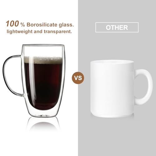 Aurzen 2 Pack Double Walled Glass Coffee Mugs with Handles, Large Insulated Layer Coffee Cups, 15oz Clear Borosilicate Mugs, Perfect for Cappuccino, Tea, Microwave Safe - color: 15oz-2Pack