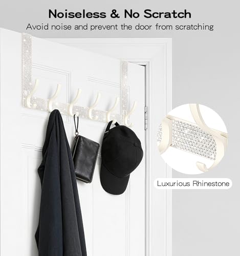 White Bling Over The Door Hooks,Rhinestone Door Clothes Hanger,Over The Door Towel Rack for Bathroom, Bedroom，Kitchen，Hanging Towels, Coats,Hat,Handbag（6 Hooks White）