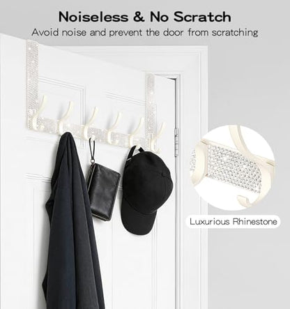 White Bling Over The Door Hooks,Rhinestone Door Clothes Hanger,Over The Door Towel Rack for Bathroom, Bedroom，Kitchen，Hanging Towels, Coats,Hat,Handbag（6 Hooks White）
