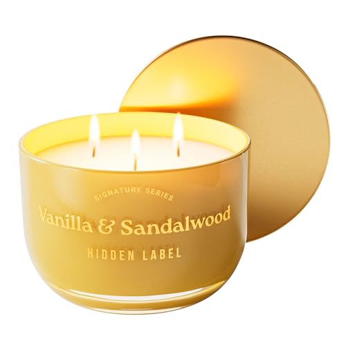 Hidden Label Vanilla Sandalwood Candle, 18oz 3 Wick, 70H Gold Bowl | Warm Amber Glass with Mirror Lid | Natural Non Toxic Soy Wax | Luxury Aromatherapy Gift for Women - color: Vanilla & Sandalwood