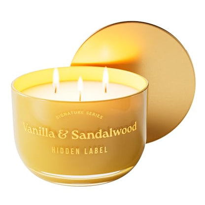 Hidden Label Vanilla Sandalwood Candle, 18oz 3 Wick, 70H Gold Bowl | Warm Amber Glass with Mirror Lid | Natural Non Toxic Soy Wax | Luxury Aromatherapy Gift for Women - color: Vanilla & Sandalwood
