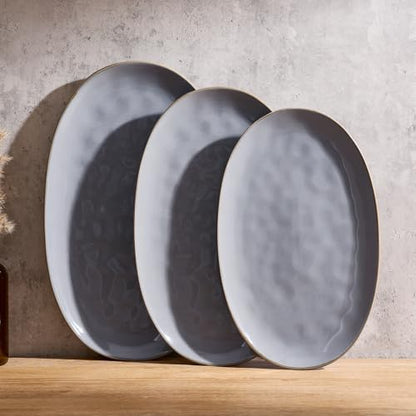 famiware Serving Platter, Oval 15.59/14.3/12.9 inch Serving Dishes for Entertaining, Serving Bowls, Microwave Safe, Fine Stonware Serving Trays for Party, Turkey, Cheese, Ocean Series, Dark Grey - color: Dark Gray