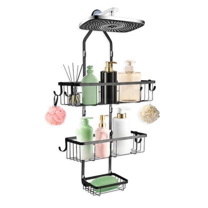 Bathroom Shower Caddy Hanging, Rustproof Waterproof | Metal, 6 Multi-Purpose Hooks, Storage Shelf, No Drilling Installation, Shampoo Soap Towel Organizer