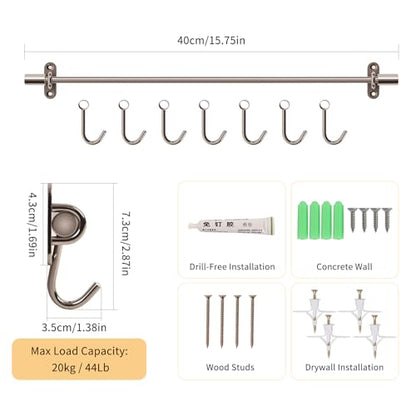 15.7" Kitchen Utensil Rack with 7 Sliding Hooks, 304 Stainless Steel Kitchen Rail with Hooks, Utensil Hanging Rack Wall Mounted, Pots and Pans Hanging Rack 2 Packs