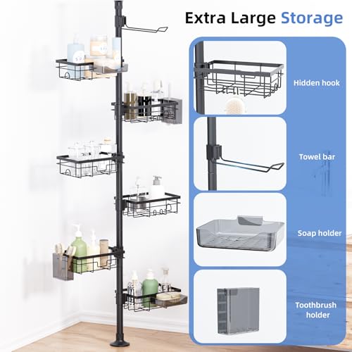 GearFusion Shower Caddy Organizer Tension Pole, Rustproof 4 Tier Corner Shower Rack with 25–114 Inch Adjustable Height for Bathroom Storage, Extra Towel Rack, Soap Dish and Toothbrush Holder, Black