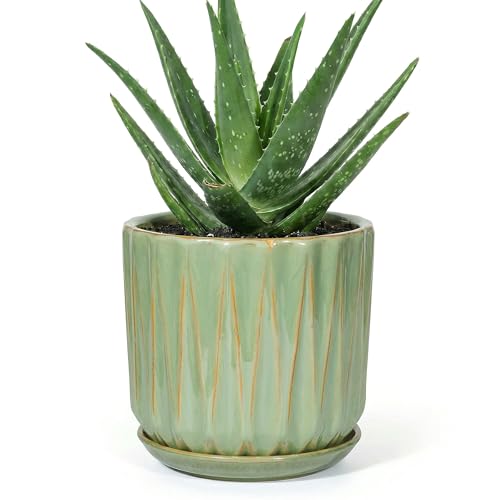 7.5 Inch Ceramic Planter Pot with Saucer Drainage Leak-Proof Mesh,Flower Pots for Indoor Plants with Gardening Gloves,Ceramic Planter(Light Green) - color: Light Green, size: 7.5 Inch