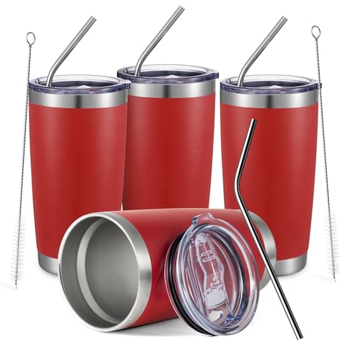 COMOOO 20oz Double Wall Vacuum Insulated Travel Mug, Stainless Steel Tumbler with Lid and Straw Durable Powder Coated Insulated Coffee Cup for Cold & Hot Drinks (Red, 4 PACK) - color: Red