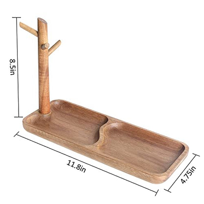 Wood Key Tray for Entryway Table, Jewelry Tray, Catchall Tray with 3 Stand Hanging Organizer, for Rings, Phone, Bracelets Watches