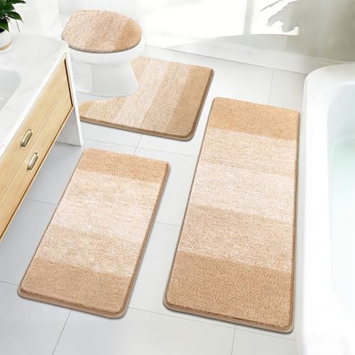 Bsmathom Bathroom Rug Set 4 Piece, Plush Microfiber Bath Mat, Beige | Extra Water Absorbent, Non Slip Washable Runner Bath Rugs with Toilet Lid Cover and U-shaped Contour Toilet Mat - color: Beige, size: 18"x26"+18"x48"+U20"x24"+Cover19"x21"