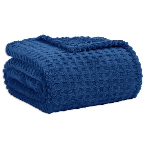 Soft Cozy Fuzzy Fleece Queen Size Blanket, Waffle Navy Blue, 90x90 Inches – Lightweight, Fluffy, and Warm 3D Jacquard All-Season Blanket for Bed, Couch, Sofa, Camping, and Travel - color: Waffle Navy Blue, size: Queen (90" x 90")