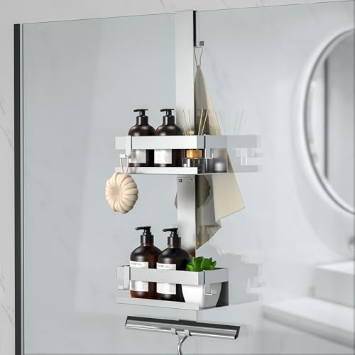 Shower Caddy Hanging, Over Frameless Glass Door Shower Shelf, Silver | SUS304 Stainless Steel, Bathroom Organizer/Rack No Drilling