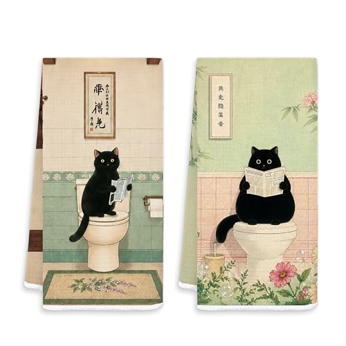 Funny Black Cat Bathroom Hand Towels Set of 2, Cat Bathroom Decor, Vintage Japanese Kitten on Toilet Decorative Hand Towels for Bath Room Washroom, 16x24 Inches 577-YSZ-t(02) - color: White-japanese Cat Set 2