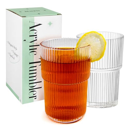 REALWAY 17oz Ribbed Plastic Glasses, Unbreakable Acrylic Drinking Cups – Clear, Reusable, Dishwasher Safe, Stackable Tumblers for Kitchen & Parties – Set of 12 - style: 12pack