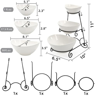Covzoe 3 Tiered Chip and Dip Serving Set with Metal Stand | Ceramic Appetizer Bowls for Party, Food Display Platter Serving Dishes for Fruit Dessert Snacks