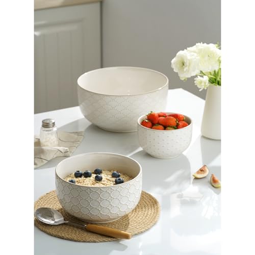 Mikiegy Ceramic Mixing Bowls Set of 4, Nesting Ceramic Embossment Stoneware Mixing Bowls for Cooking, Serving, Popcorn, Salad etc, Microwave & Dishwasher Safe, 20/44/98/145 oz, Off-White - size: 20&44&98&145 oz