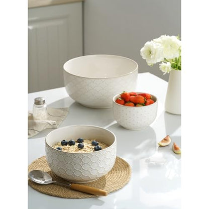Mikiegy Ceramic Mixing Bowls Set of 4, Nesting Ceramic Embossment Stoneware Mixing Bowls for Cooking, Serving, Popcorn, Salad etc, Microwave & Dishwasher Safe, 20/44/98/145 oz, Off-White - size: 20&44&98&145 oz