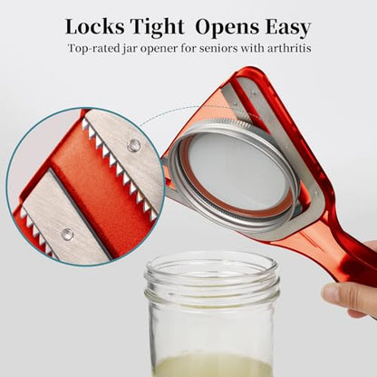 Jar Opener for Weak Hands & Seniors with Arthritis, Easy Twist-Off Lid & Bottle Opener, Ergonomic Handle with Stainless Steel Teeth, Practical Kitchen Gift for Elderly, Women & Men (0.2–5.3 in, Red) - color: Red