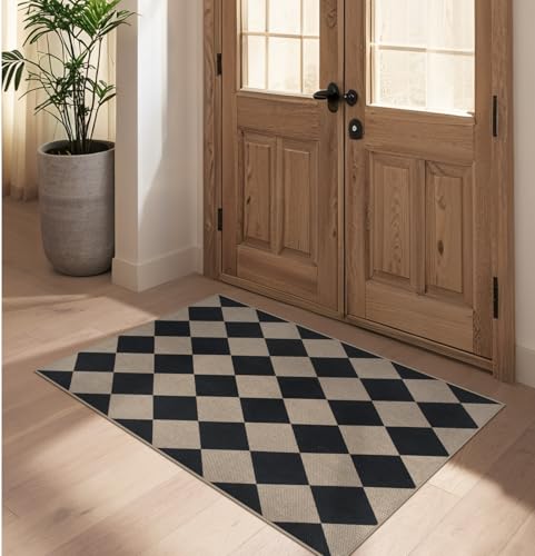 Easy Jute Checkered Entryway Rug, 2.6x4 Black Modern Indoor Outdoor Doormat, Washable Non-Slip Neutral Kitchen Rug Farmhouse Diamond Throw Rugs for Entrance Bedroom Bathroom - color: Black Checkered, size: 2.6' x 4' (Rectangular)