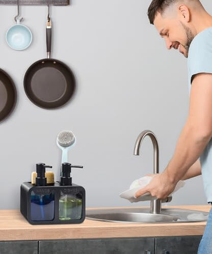 Kitchen Hand Soap and Dish Soap Dispenser Set, Dual Soap Dispenser with Sponge Caddy and Brush Holder 4-in-1 Organizer for Kitchen Sink Countertop, Useful Kitchen Gadgets - Black - color: Black