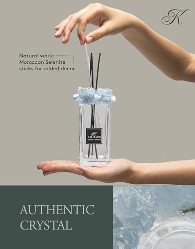 KALIFANO Luxury Glass and Celestite Crystal Diffuser with Decorative Selenite Reeds - Premium Fragrance/Aroma Diffuser Bottle with Healing Effects (Essential Oils Not Included) - color: Celestite