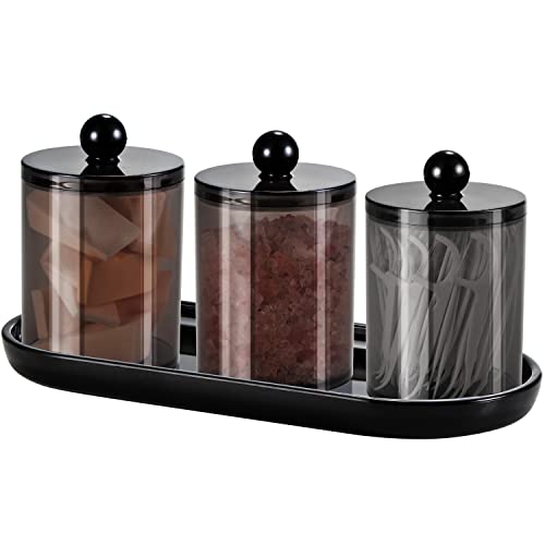SheeChung 3 PCS Qtip Holder Bathroom Set with Tray, Acrylic Apothecary Jars | Black Qtip Dispenser with Lid and Labels, Bathroom Qtip Holder Set for Cotton Ball, Cotton Swab 1 Pack Bathroom Vanity Tray - color: Black