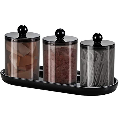 SheeChung 3 PCS Qtip Holder Bathroom Set with Tray, Acrylic Apothecary Jars | Black Qtip Dispenser with Lid and Labels, Bathroom Qtip Holder Set for Cotton Ball, Cotton Swab 1 Pack Bathroom Vanity Tray - color: Black