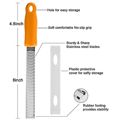 8-Inch Lemon Zester & Cheese Grater, 18/8 Stainless Steel, Orange | Fine 18/8 Stainless Steel Blade for Citrus, Parmesan, Ginger and Garlic, Soft Non-slip Handle, Cover, Dishwasher Safe - color: B-Orange