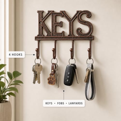 Comfify Copper-Black Cast Iron Key Holder for Wall – Keys Sign with 4 Hooks | Warm copper and black antique finish; mounting hardware included; entryway, hallway or door; 6"H x 8"L; holds 8 keychains - color: Copper with Black