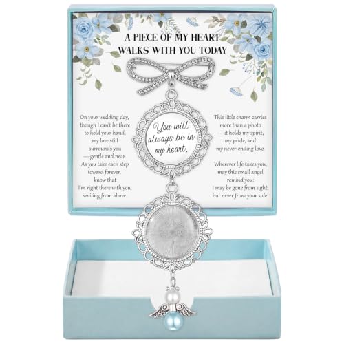Wedding Bouquet Photo Charms Set Bridal Bouquet Charm with Blue Tone Box and Card Something Blue for Bride Memorial DIY Pin with Angel Memory Charm for Bridal Shower Gift