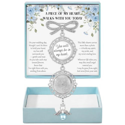 Wedding Bouquet Photo Charms Set Bridal Bouquet Charm with Blue Tone Box and Card Something Blue for Bride Memorial DIY Pin with Angel Memory Charm for Bridal Shower Gift