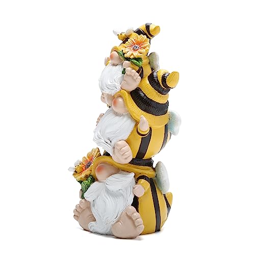 Hodao Bee Gnome Decor Statue, Resin Stacked Gnome Figurine with Sunflower and Bumblebee Details, Cute Farmhouse Tiered Tray Shelf Table Accent for Spring Summer Home Gift - style: Stacked Bee Gnome