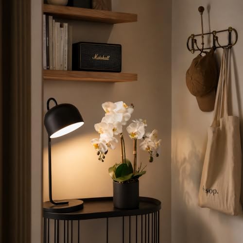 17" Artificial White Phalaenopsis Orchid in Modern Black Ceramic Pot | Realistic Faux Flower Arrangement for Bathroom, Bedroom, & Dining Table Decor - Low-Maintenance Luxury Home Accent