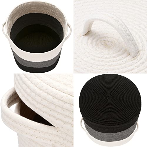 Sea Team Large Woven Cotton Rope Laundry Basket with Lid, 20 x 16 in | Collapsible Knitted Hamper with Handles, Lidded Closet Shelf Organizers for Clothing, Blankets, Toys, Bedding, Black - color: White & Black