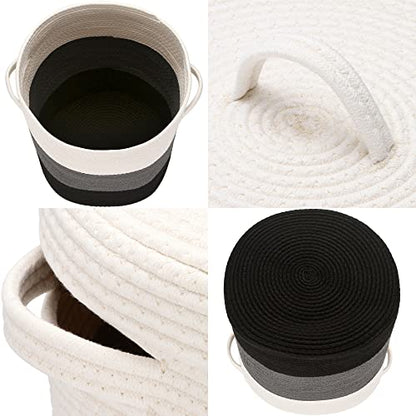 Sea Team Large Woven Cotton Rope Laundry Basket with Lid, 20 x 16 in | Collapsible Knitted Hamper with Handles, Lidded Closet Shelf Organizers for Clothing, Blankets, Toys, Bedding, Black - color: White & Black