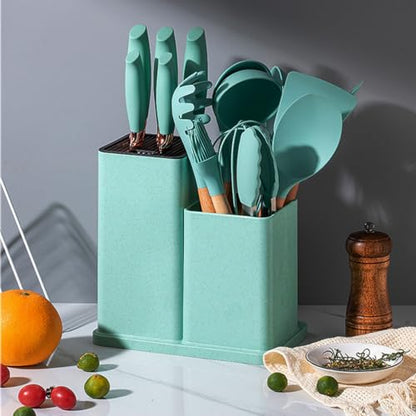 19 Pieces Kitchen Utensils and Knife Set with Block, Inldued 9 Pieces Silicone Cooking Utensils Set 5 Pieces Sharp Stainless Steel Chef Knives Scissors Whisk Tongs and Cutting Board (TEAL) - color: Teal