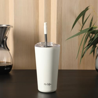 Mr. Coffee Java Quest 16 oz Double Wall Stainless Steel Tumbler with Lid & Reusable Straw, Insulated Thermal Drink Cup for Hot & Cold Beverages, White - color: White