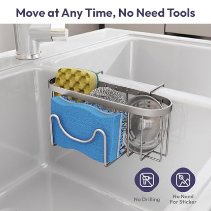 SWTYMIKI Sponge Holder for Kitchen Sink - Movable Kitchen Sink Caddy with M Hook Stainless Steel Hanging Sponges Caddy Organizer in Double Bowl Sinks Depth>3.15in, Middle Divider<1.5in, Sand Nickel L - color: Sand Nickel-large