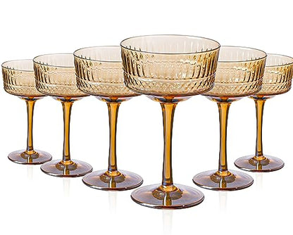 Amber Coupe Cocktail Glasses set of 6 - Ribbed Coupe Cocktail Glasses 9oz, Unique Cocktail Glass for Bar, Martini, Impressive Cocktail Party Glasses - color: Amber