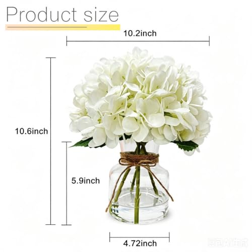 Sumery Hydrangea Artificial Flowers with Vase White Silk Fake Flowers Arrangements in Glass Vase with Faux Water for Home Decor, Wedding, Bathroom, Shelf Decorations, Coffee Table (1, White, 11.8in)