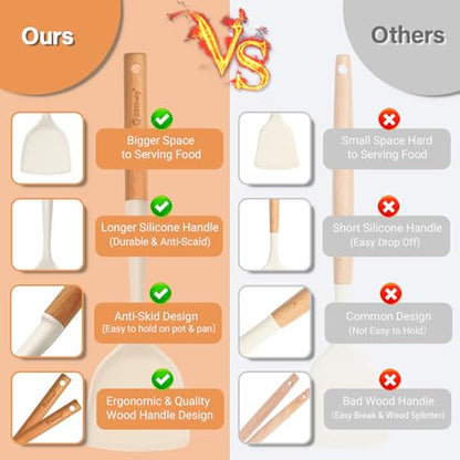 Large Silicone Kitchen Utensils Set with Holder, 25Pcs Cooking Utensil Set with Wooden Handle, Heat Resistant Spatula Sets for Cooking, BPA Free Silicone Utensils Set for Non-Stick Cookware(White) - color: White