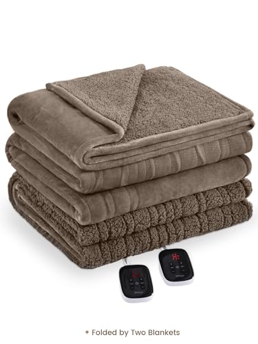 Bearhug Electric Blanket Queen Size with Dual Controls, 10 Heat Levels & 1-12H Auto Shut-Off, Fast Heating Soft Velvet to Sherpa Heated Blanket for Couples, Machine Washable, Taupe - color: Taupe-velvet & Sherpa, size: Queen Size 84" × 90"