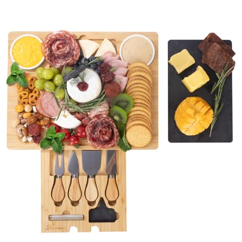 Bamboo Charcuterie Board Gift Set with Expandable Slate, Hidden Drawer, Lightweight, Modern, Natural Finish, Ideal for Cheese, Meats, and Snacks, Perfect for Gatherings or Gifting - size: 2 Grooves Charcuterie Board Set